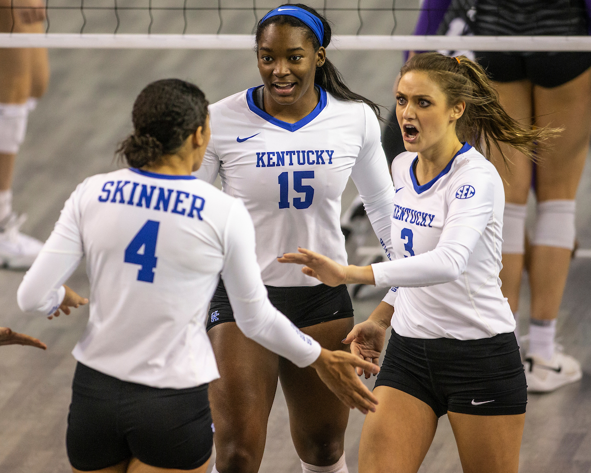 Azhani Tealer, Madison Lilley, Avery Skinner.

Kentucky sweeps LSU 3-0.

Photo by Grace Bradley | UK Athletics