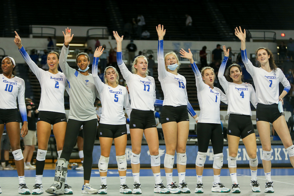 Reagan Rutherford, Madi Skinner, Jordyn Williams, Lauren Tharp, Alli Stumler, Erin Lamb, Maddie Berezowitz, Emma Grome, and Sophie Fischer.

Kentucky beats Mizzou 3 - 0.

Photo by Sarah Caputi | UK Athletics