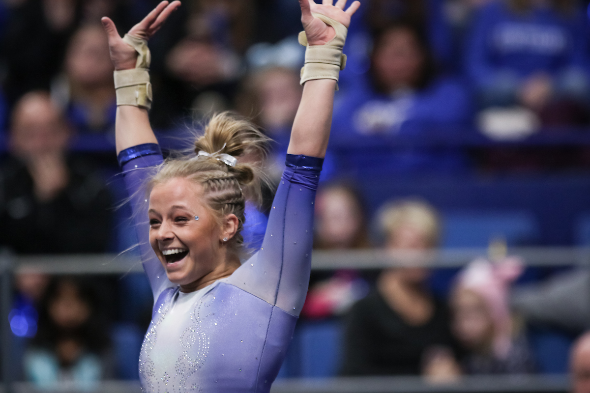 Mollie Korth. 

The University of Kentucky gymnastics team beats Arkansas with a winning score of 195.275 on Excite Night

Photo by Eddie Justice | UK Athletics