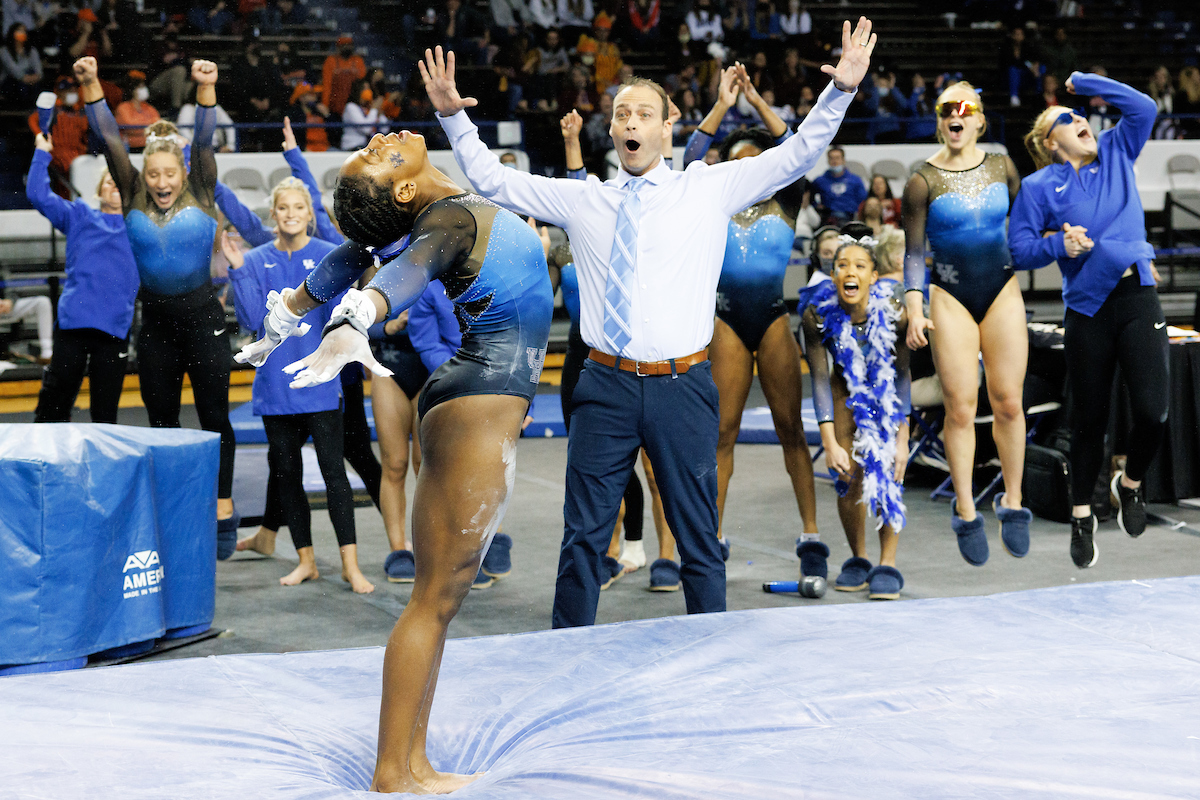 Team. Coach Tim Garrison. Cally Nixon.

Kentucky wins Quad Meet with a score of 197.450.

Photo by Elliott Hess | UK Athletics