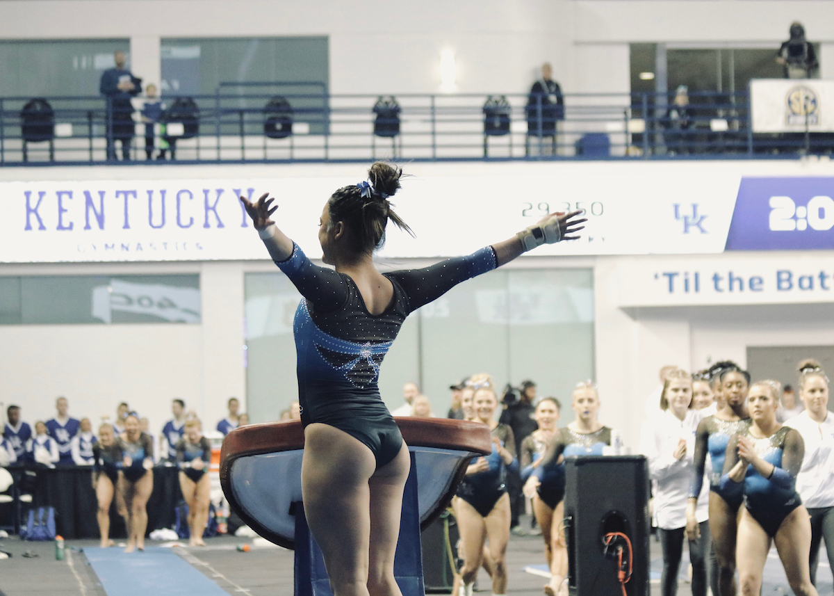 Katie Stuart.

The University of Kentucky gymnastics team falls to Auburn 196.000-196.125 on Friday, February 1st, 2019.

Photo by Noah J. Richter | UK Athletics