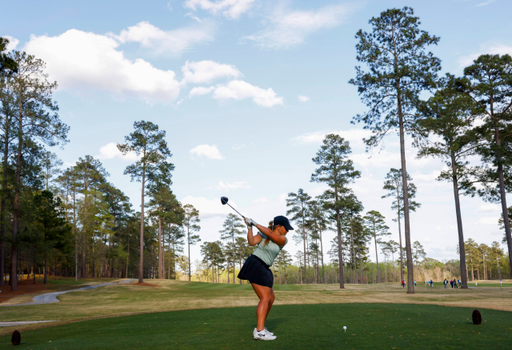 Jensen Castle of the United States plays her stroke from the No. 10 tee during the second round of the Augusta National Women's Amateur at Champions Retreat Golf Club, Thursday, March 31, 2022.