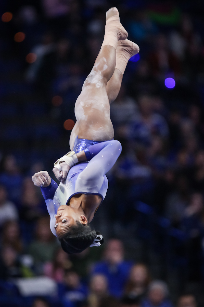 Cally Nixon. 

The University of Kentucky gymnastics team beats Arkansas with a winning score of 195.275 on Excite Night

Photo by Eddie Justice | UK Athletics