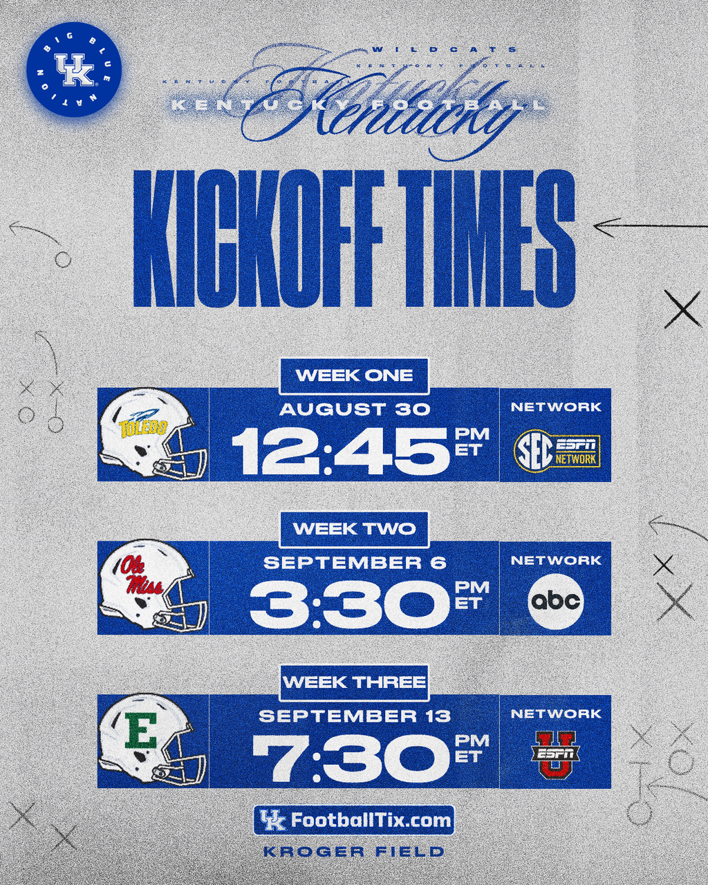 Kickoff times for Kentucky Football First Three Games