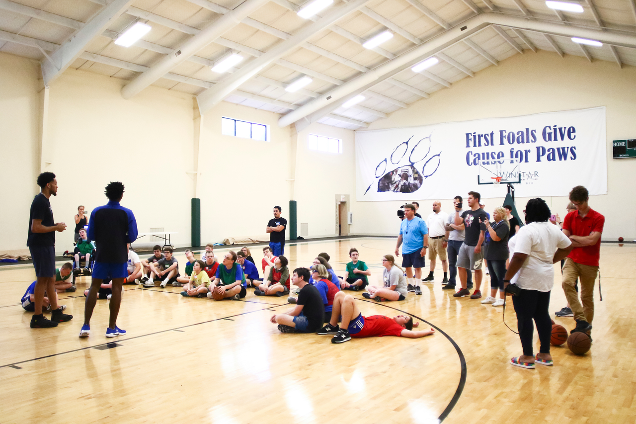 Questions. 

EJ Montgomery and Immanuel Quickley play basketball with with kids during a camp at Winstar Farm on Thursday, June 20th. 

Photo by Eddie Justice | UK Athletics