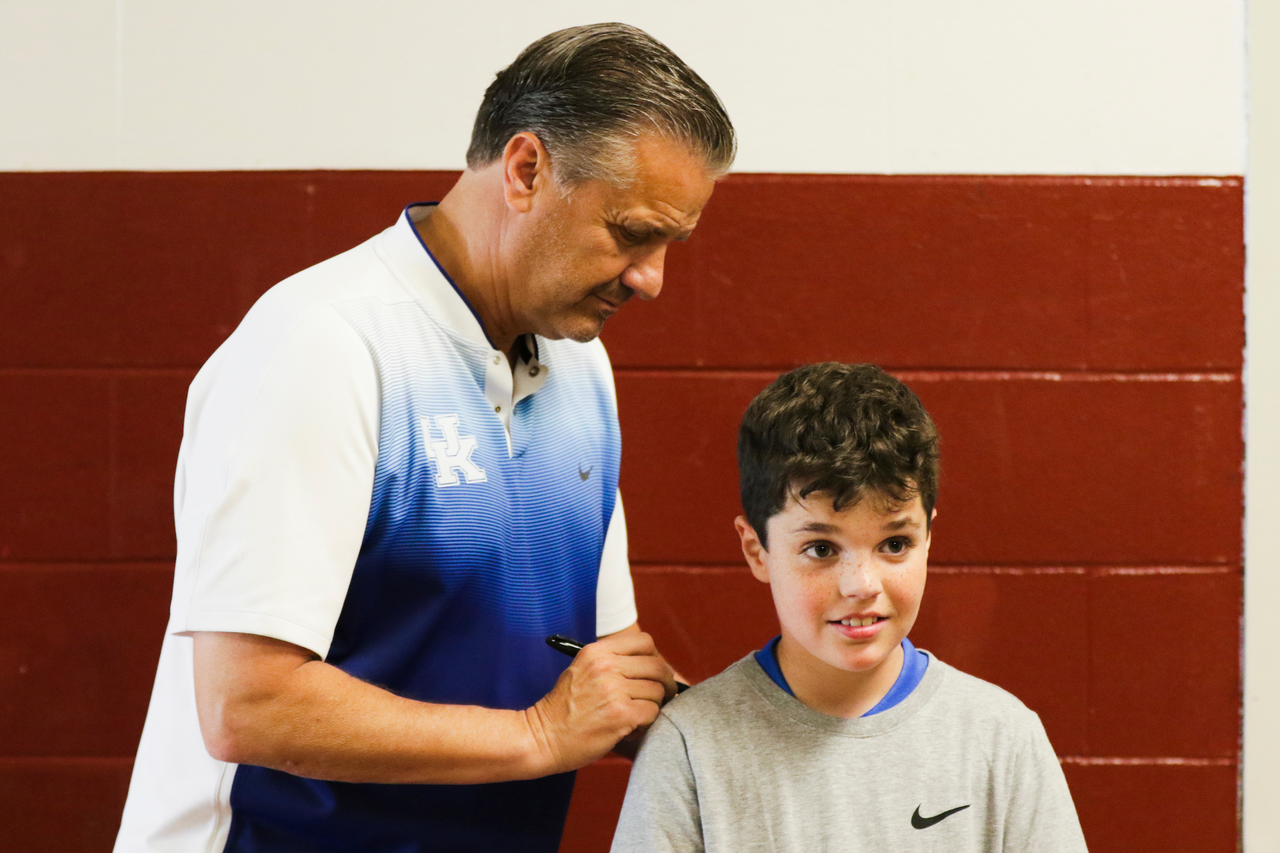 John Calipari. 

The Kentucky men's basketball team at its second day at Harrison County in Cynthiana, Kentucky, during the Satellite Camp tour. June 6, 2019. 

Photo by Eddie Justice | UK Athletics