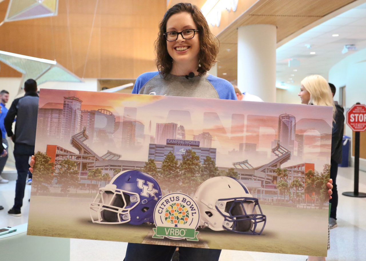 Sarah Howard.

Sarah Howard and her family are presented with a vacation trip to the 2019 VRBO Citrus Bowl to cheer on the Kentucky Wildcats.

Photo by Noah J. Richter | UK Athletics