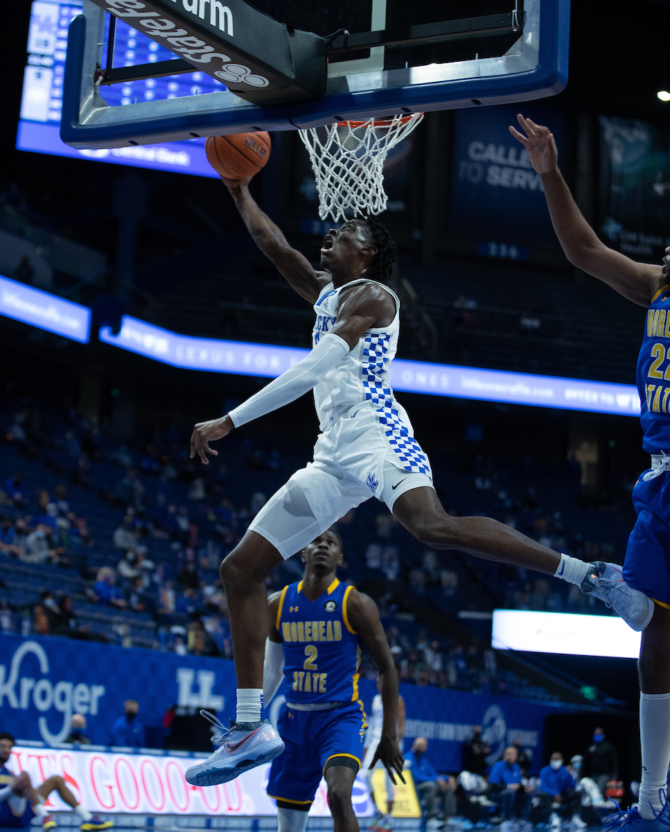 Kentucky Wildcats guard Terrence Clarke (5) went baseline for a basket  as Kentucky played Morehead State on November 25, 2020.  Photo by Mark Cornelison