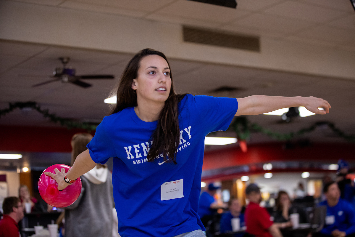 UK athletes bowl with members of Special Olympics at Collins Bowling Alley on , Saturday Dec. 8, 2018  in Lexington, Ky. Photo by Mark Mahan