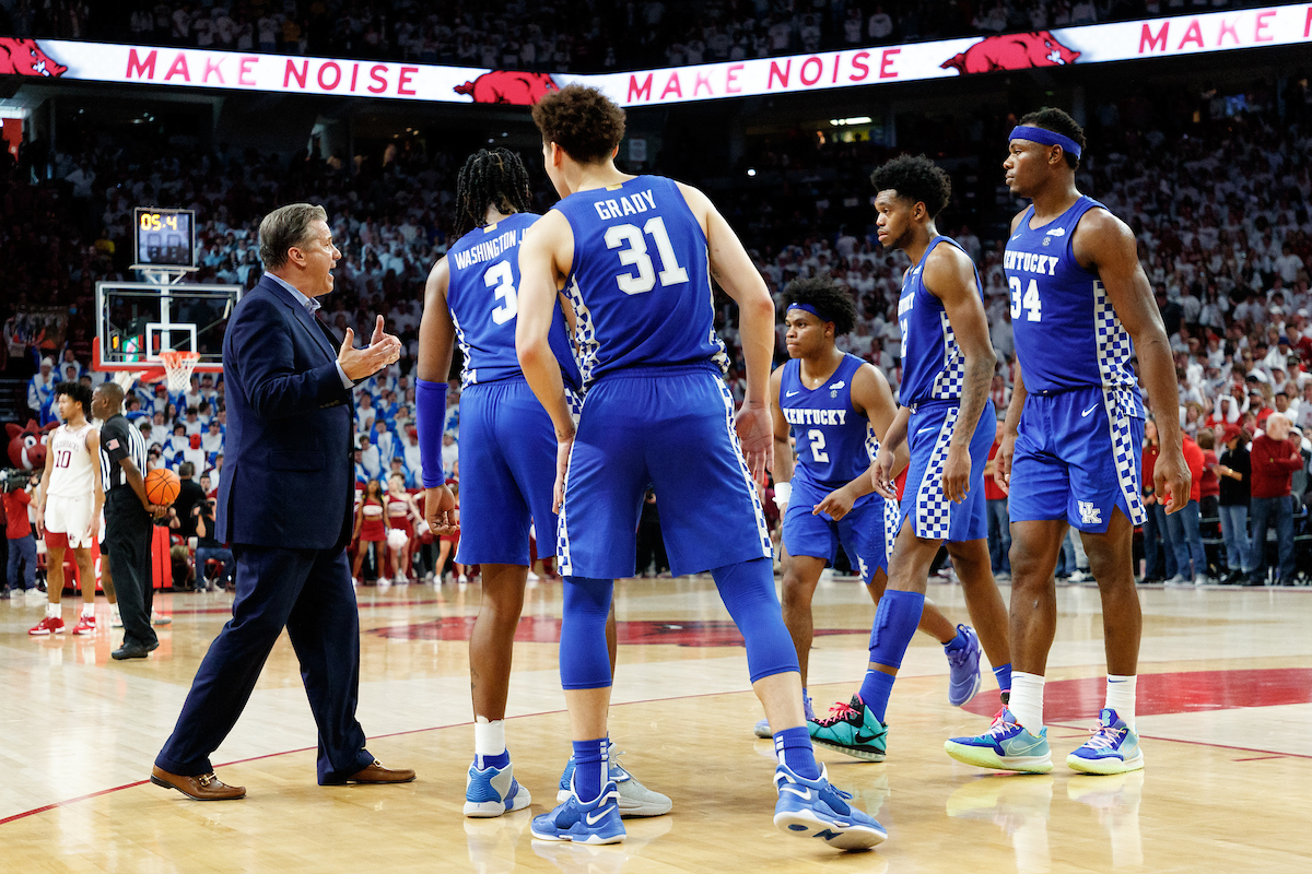Coach John Calipari. TyTy Washington Jr. Kellan Grady. Sahvir Wheeler. Oscar Tshiebwe. Keion Brooks Jr.

Kentucky falls to Arkansas, 75-73.

Photo by Elliott Hess | UK Athletics