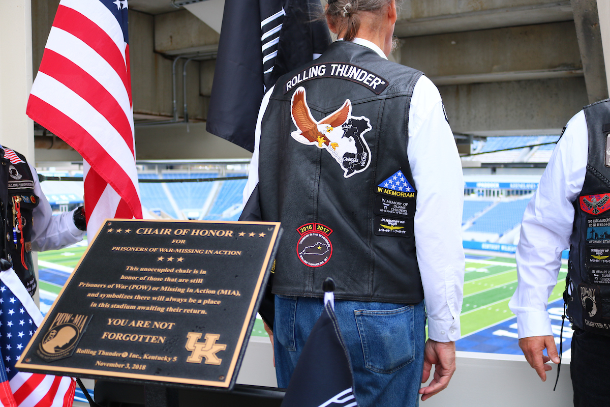 Four Chairs of Honor were dedicated by Rolling Thunder at Kroger Field in the four corners of the upper concourse on Thursday, November 1st, 2018.

Photos by Noah J. Richter | UK Athletics
