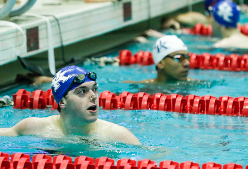Connor Blandford looks on after the end of the men's 200 backstroke during the final day of the 2019 SEC Swimming and Diving Championships in the Gabrielsen Natatorium at the University of Georgia in Athens, Ga., on Saturday, Feb. 23, 2019. (Casey Sykes)