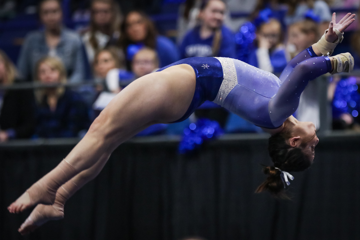 Aubree Rosa. 

The University of Kentucky gymnastics team beats Arkansas with a winning score of 195.275 on Excite Night

Photo by Eddie Justice | UK Athletics