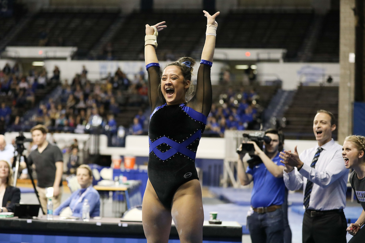 KATIE STUART.

The University of Kentucky gymnastics team defeats Missouri on Friday, February 23, 2018 at Memorial Coliseum in Lexington, Ky.

Photo by Elliott Hess | UK Athletics