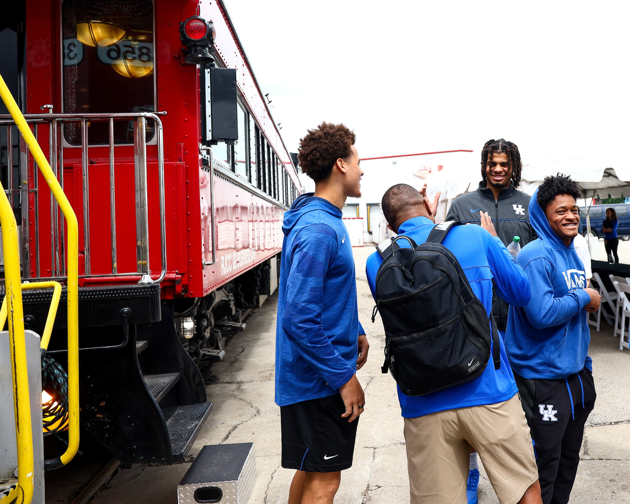 Kareem Watkins. Bryce Hopkins. Kellan Grady. Bruiser Flint.

The Kentucky men's basketball team rode an RJ Corman train to the satellite camp at South Oldham High School in Crestwood, Kentucky.

Photo by Eddie Justice | UK Athletics