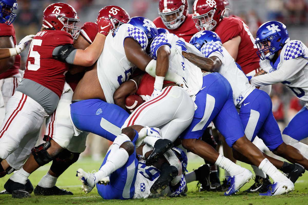 DEFENSIVE LINE.

Kentucky falls to Alabama, 63-3.

Photo by Elliott Hess | UK Athletics