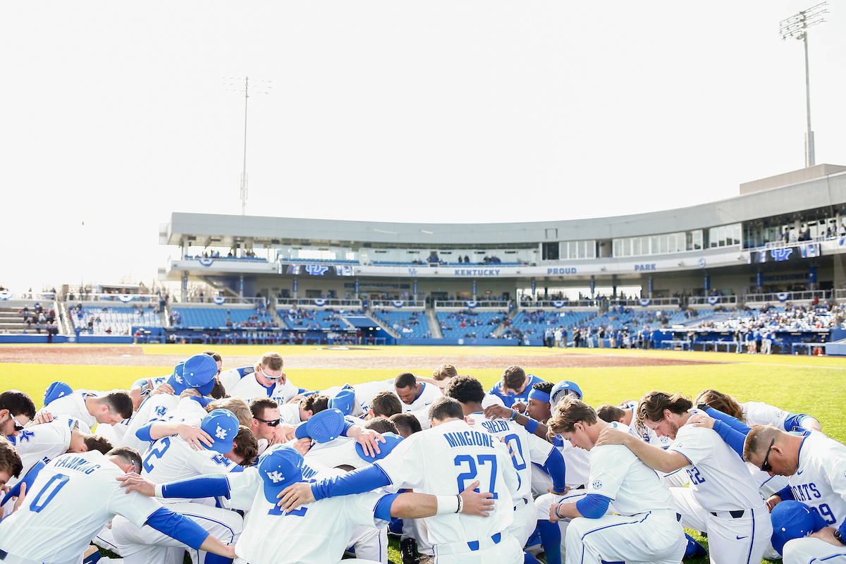 Team prayer. Huddle.

Kentucky baseball defeated EKU 7-3 on opening day at Kentucky Proud Park.

Photo by Chet White | UK Athletics