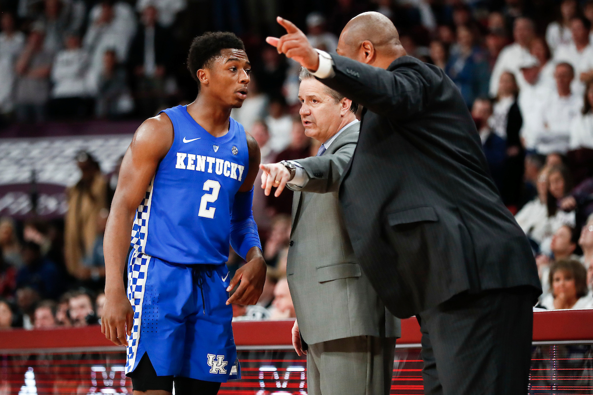 Ashton Hagans. John Calipari. Kenny Payne.

Kentucky beat Mississippi State 71-67 at Humphrey Coliseum in Starkville, MS.

Photo by Chet White | UK Athletics