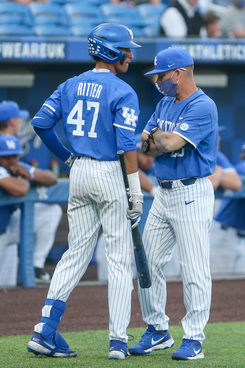 Ryan Ritter and Coach Todd Guilliams.

Kentucky beats EKU 7 - 6.

Photo by Sarah Caputi | UK Athletics
