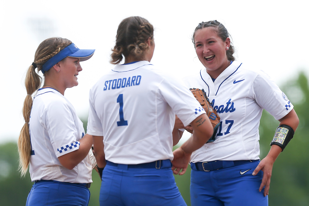 Erin Coffel, Miranda Stoddard, Sloan Gayan.

Kentucky falls to Virginia Tech 2-9.

Photo by Grace Bradley | UK Athletics