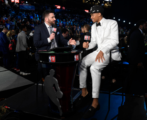 Keldon Johnson is interviewed after being drafted by the San Antonio Spurs at the NBA Draft Thursday, June 19, 2019 in Brooklyn, New York. (Barry Williams for New York Daily News)