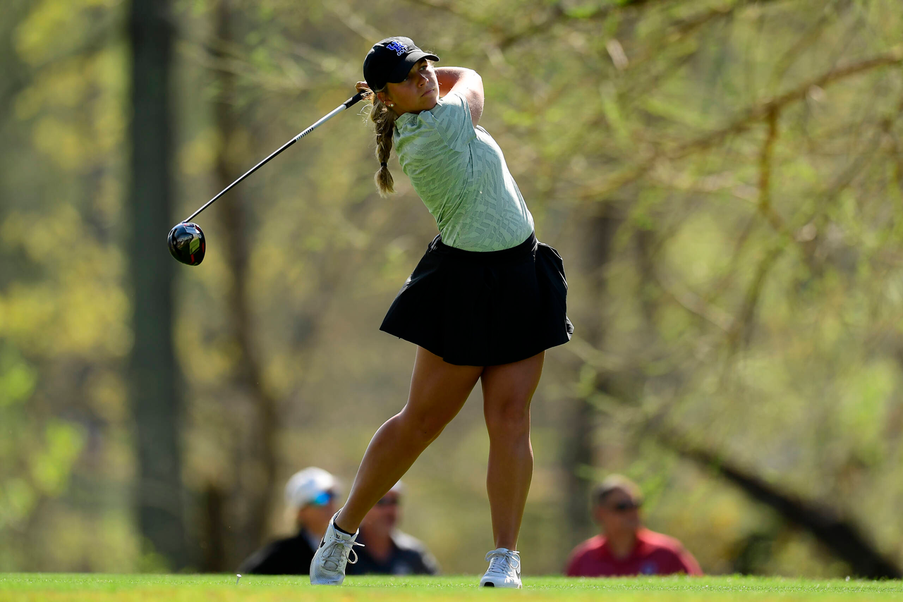 Jensen Castle of the United States plays her stroke from the No. 3 tee during the second round of the Augusta National Women's Amateur at Champions Retreat Golf Club, Thursday, March 31, 2022.