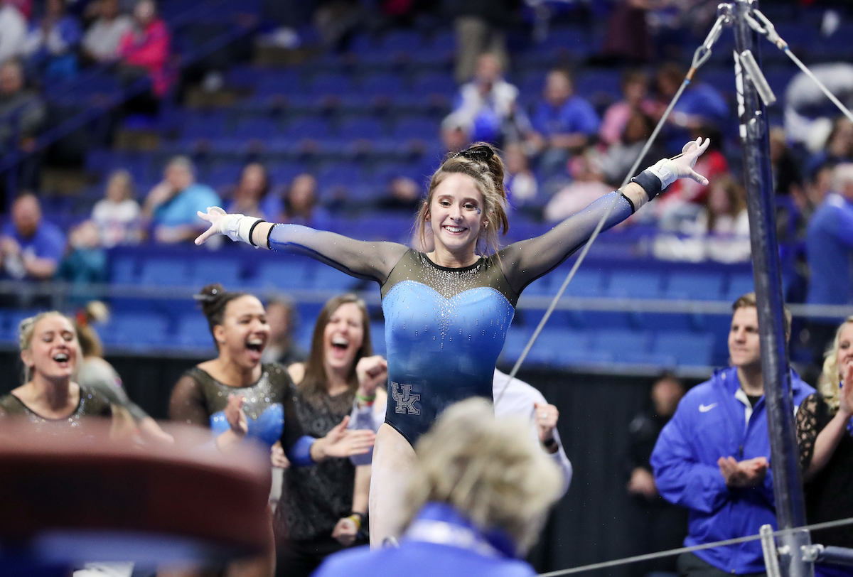 KATIE CARLISLE.

The University of Kentucky gymnastics team beat Ball State, Southeast Missouri, and George Washington on Friday, January 5, 2017 at Rupp Arena in Lexington, Ky.

Photo by Elliott Hess | UK Athletics