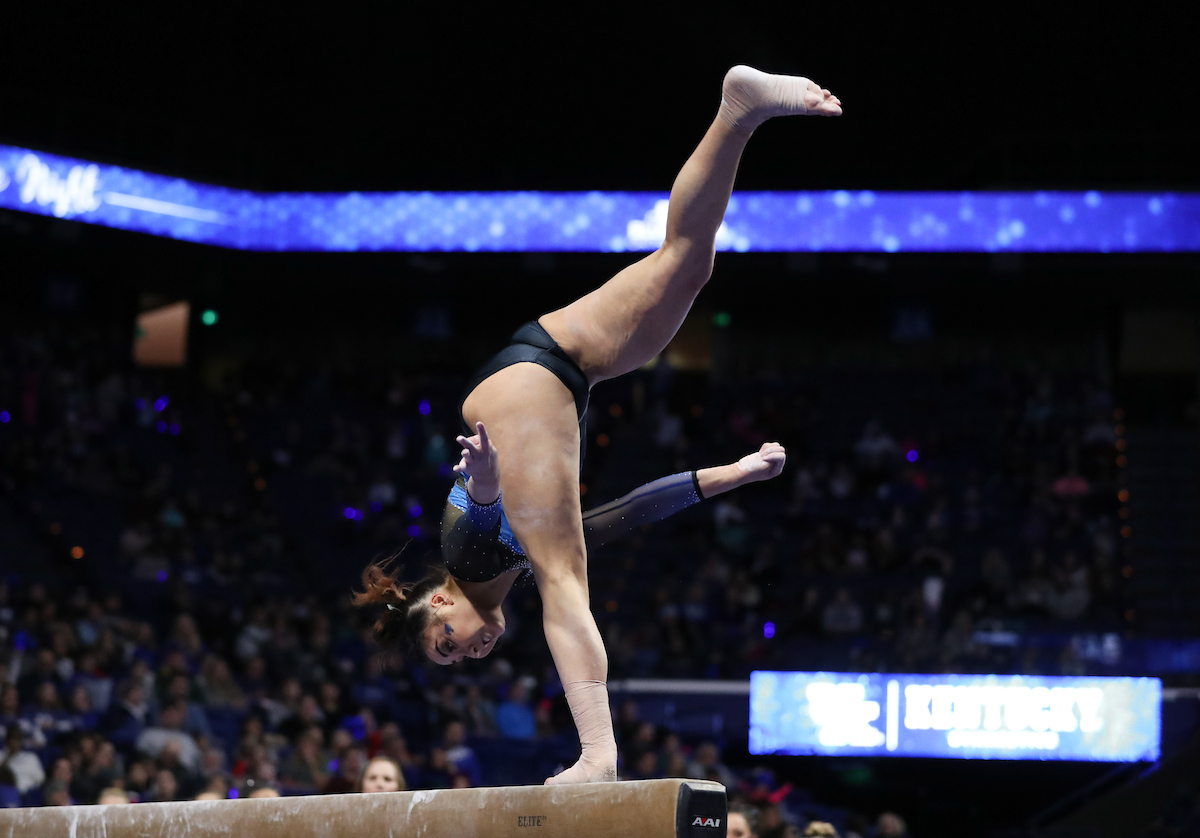 ALAINA KWAN.

The University of Kentucky gymnastics team beat Ball State, Southeast Missouri, and George Washington on Friday, January 5, 2017 at Rupp Arena in Lexington, Ky.

Photo by Elliott Hess | UK Athletics