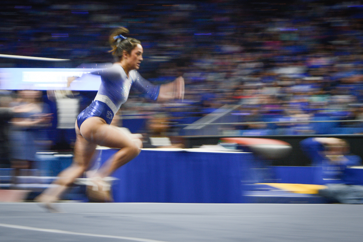 Katie Stuart. 

The University of Kentucky gymnastics team beats Arkansas with a winning score of 195.275 on Excite Night

Photo by Eddie Justice | UK Athletics