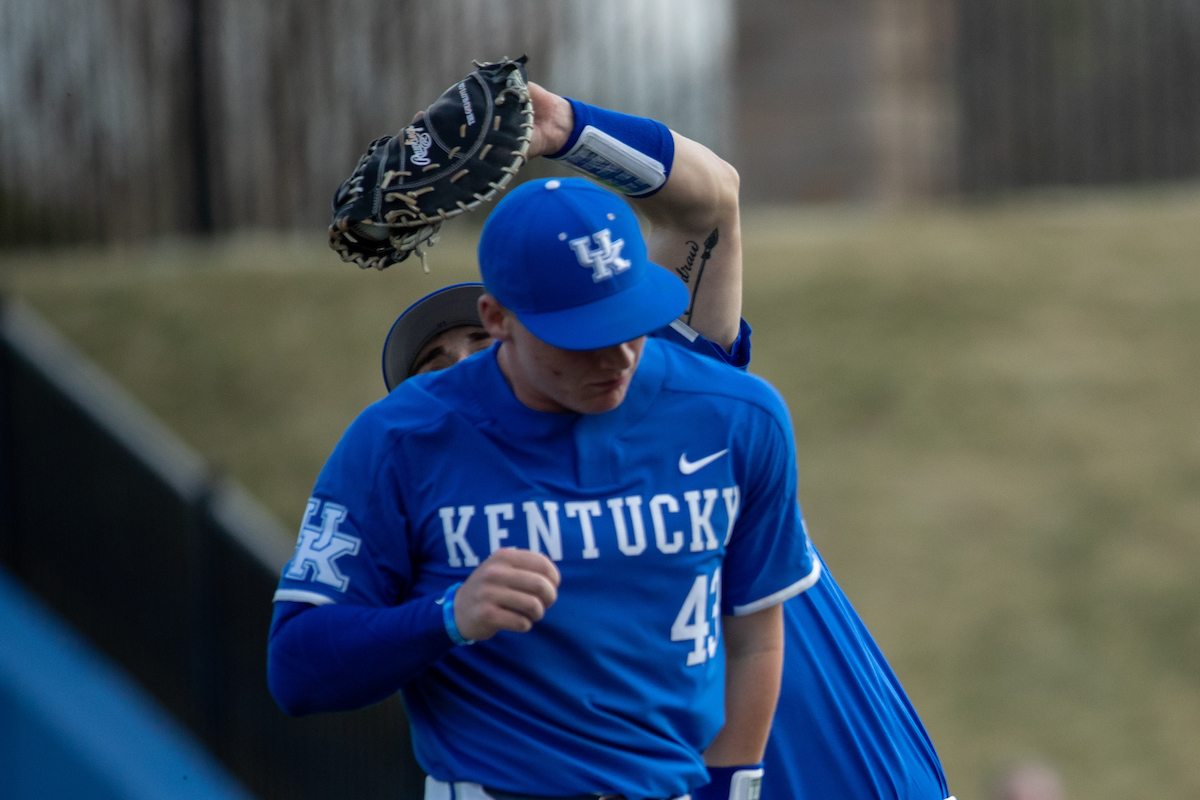 Kentucky Wildcats Dalton Reed (10) caught a fly ball over Kentucky Wildcats Breydon Daniel (43)

The UK baseball team beat NKU 5-4 on Wednesday, February 27, 2019.