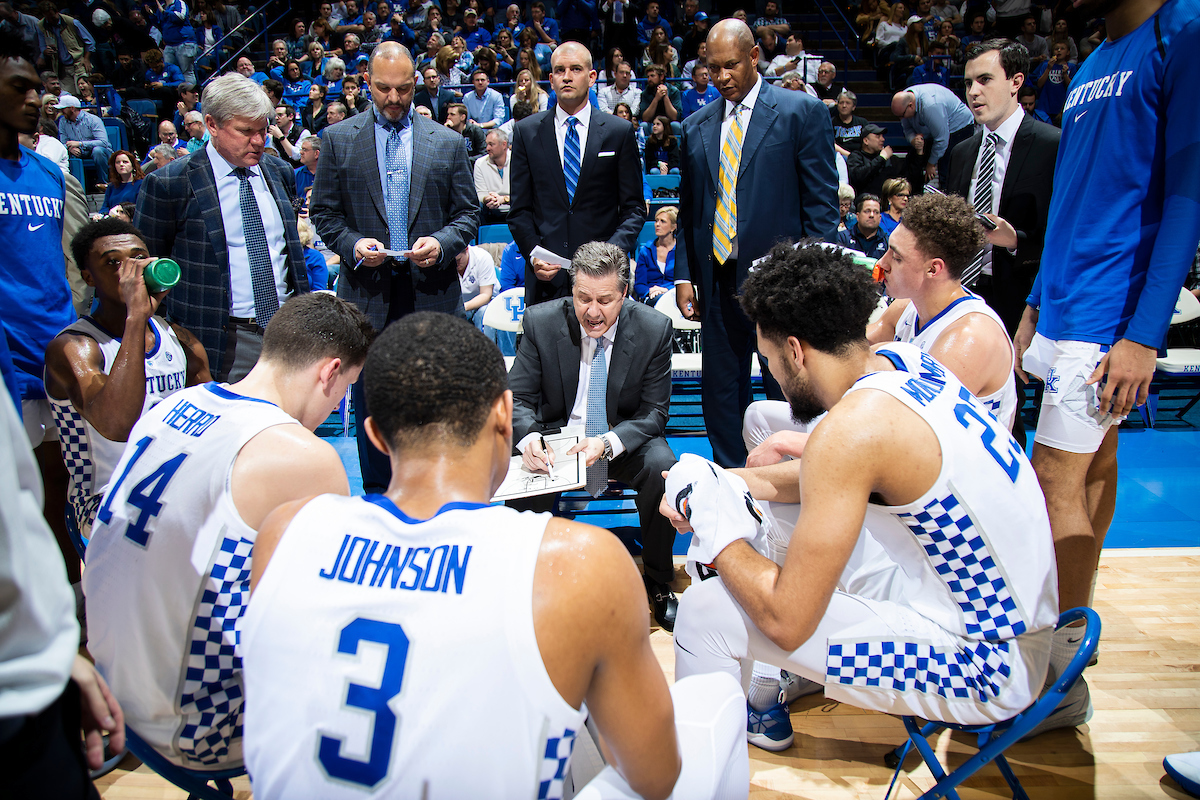 John Calipari. Team. Huddle.

The University of Kentucky men's basketball team beats South Carolina 76-48.

Photo by Chet White| UK Athletics