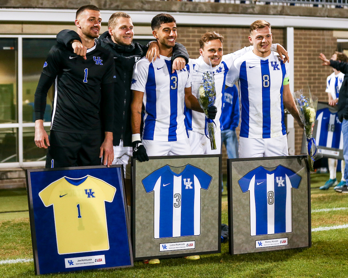Jan Hoffelner, Luis Grassow, Lucca Rodrigues, Nick Gutmann, Marcel Meinzer.

Kentucky MSOC Recognizes 14 Seniors.

Photo by Grace Bradley | UK Athletics