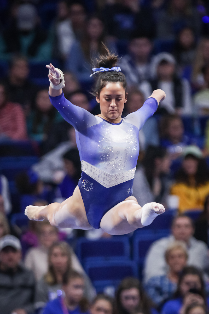 Katie Stuart. 

The University of Kentucky gymnastics team beats Arkansas with a winning score of 195.275 on Excite Night

Photo by Eddie Justice | UK Athletics