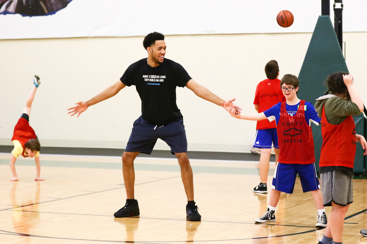 EJ Montgomery. 

EJ Montgomery and Immanuel Quickley play basketball with with kids during a camp at Winstar Farm on Thursday, June 20th. 

Photo by Eddie Justice | UK Athletics