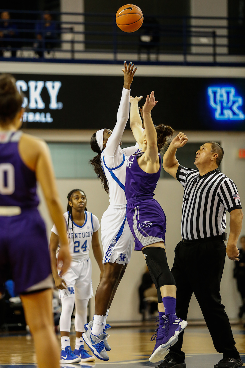 Tip Off. Rhyne Howard. Taylor Murray. 

UK Women's Basketball beat High Point University 71-49 at Memorial Coliseum  on Sunday, November 18th, 2018.

Photo by Eddie Justice | UK Athletics