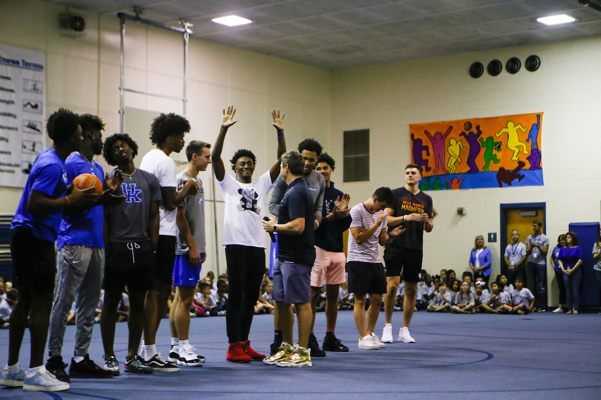 Ashton Hagans, Nate Sestina, Dontaie Allen, Riley Welch, Immanuel Quickley, Brennan Canada, Nick Richards, Tyrese Maxey, Kahlil Whitney.

Men's Basketball team delivers food to God’s Pantry at Picadome Elementary. 

Photo by Hannah Phillips | UK Athletics
