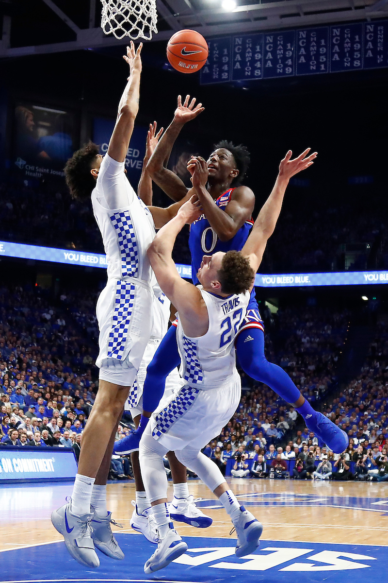 Defense. Reid Travis. 

The UK men's basketball team beat Kansas 71-63 at Rupp Arena on Saturday, January 26, 2019.

Photo by Chet White| UK Athletics