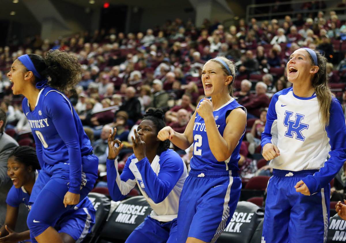Celebration, Paige Poffenberger

The University of Kentucky women's basketball team falls to Texas A&M on January 4, 2018 at Reed Arena. 

Photo by Britney Howard | UK Athletics