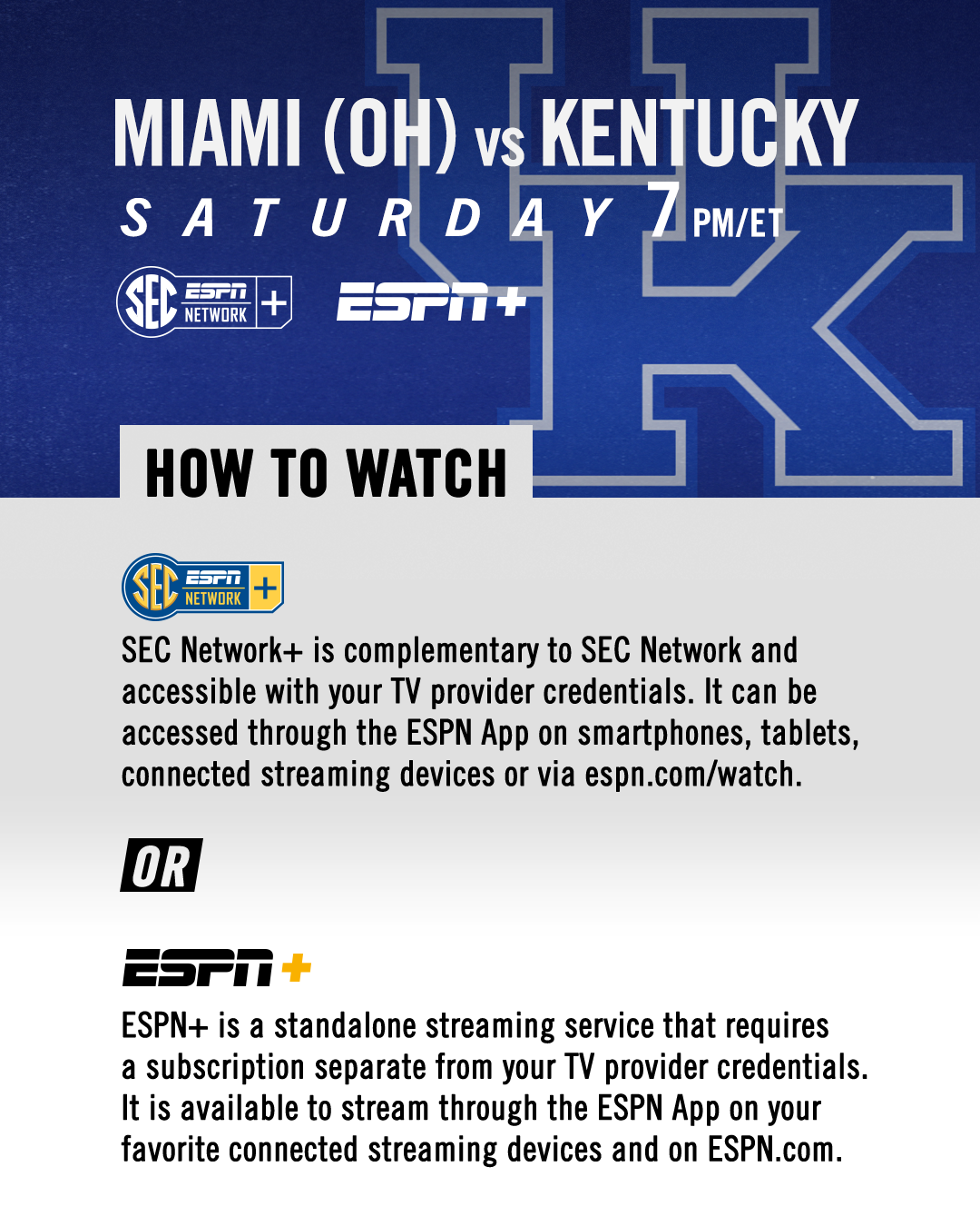 Kentucky-Miami (Ohio) Airs Exclusively on SECN+ and ESPN+