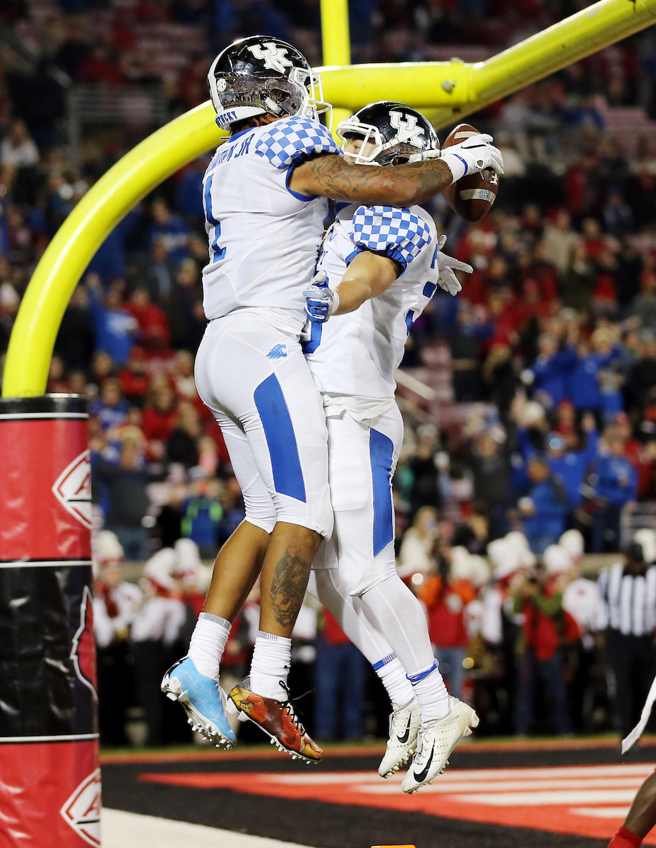 Lynn Bowden Jr, David Bouvier

UK football beats Louisville 56-10 at Cardinal Stadium. 

Photo by Britney Howard  | UK Athletics