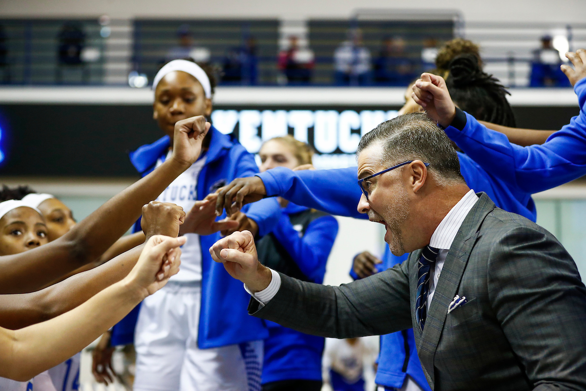 Team. Matthew Mitchell. Huddle.

UK women's basketball beat Southern 91-41.

Photo by Chet White | UK Athletics