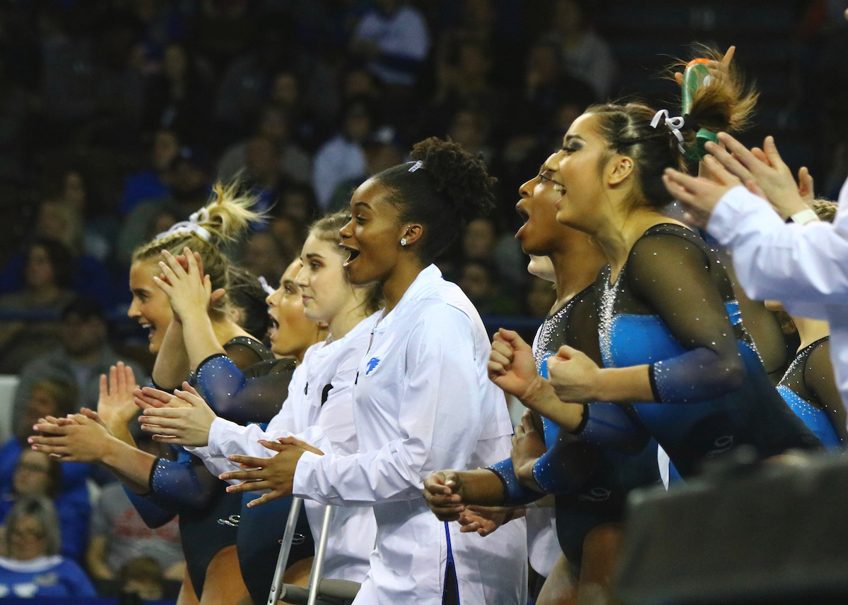 Team, Cheering. 

The University of Kentucky gymnastics team falls to Auburn 196.000-196.125 on Friday, February 1st, 2019.

Photo by Noah J. Richter | UK Athletics