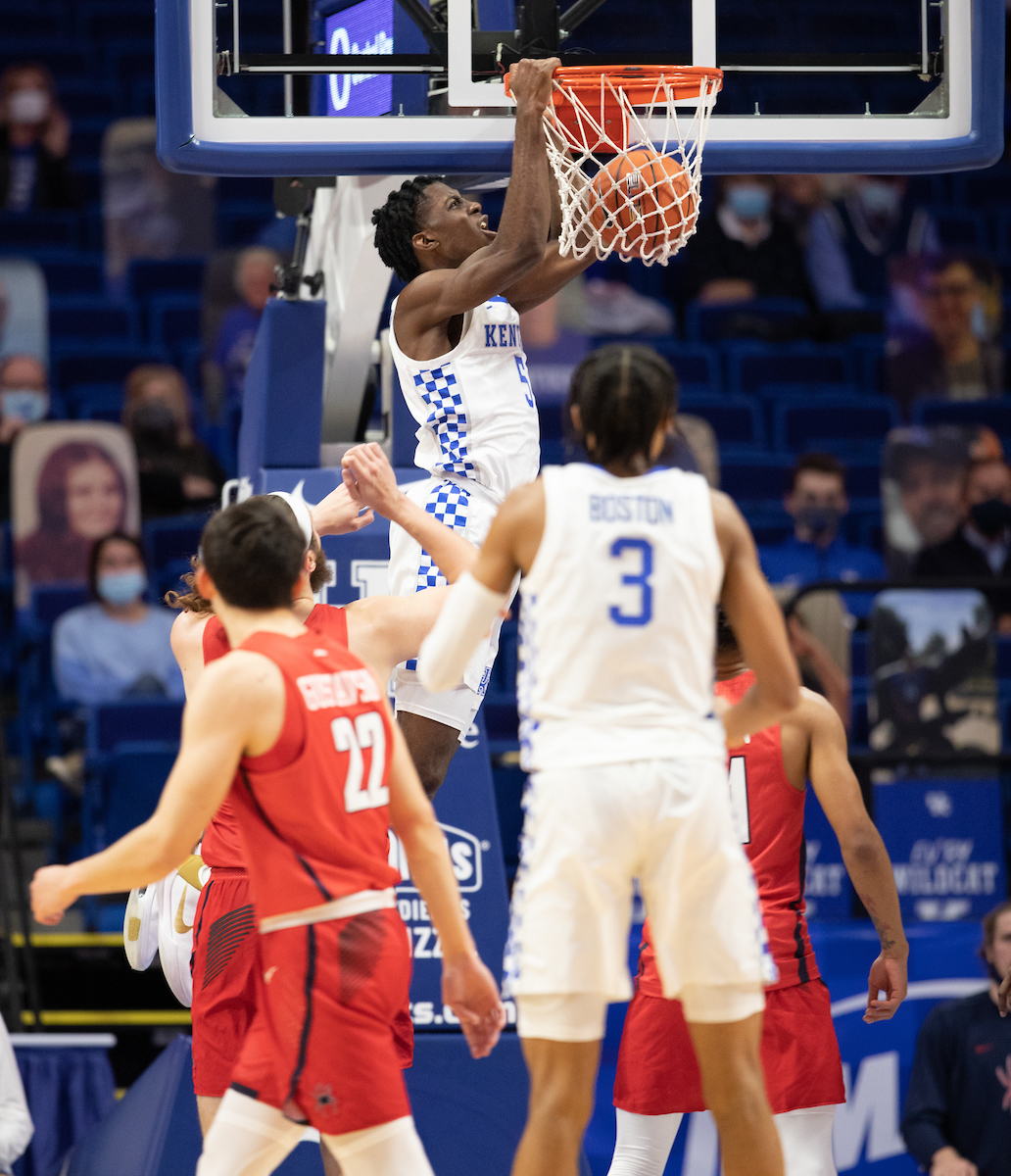 Kentucky Wildcats guard Terrence Clarke (5) went baseline for a dunk  as Kentucky played Richmond on November 29, 2020.  Photo by Mark Cornelison