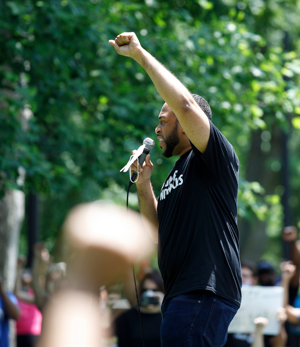 Charles Booker spoke during the Walk Forward rally on June 13, 2020. Photo by Mark Cornelison | UKphoto