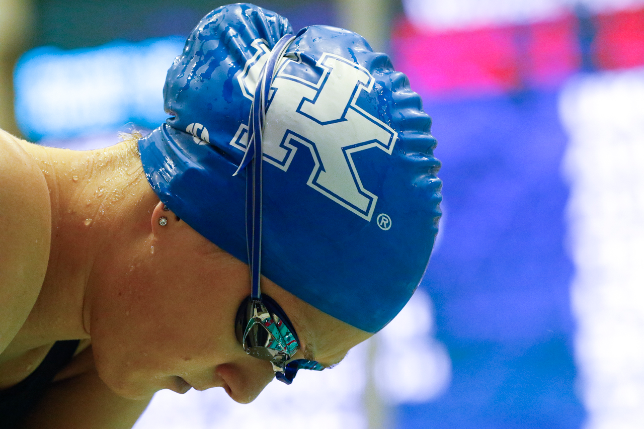 Riley Gaines gets ready for the women's 100 freestyle during the final day of the 2019 SEC Swimming and Diving Championships in the Gabrielsen Natatorium at the University of Georgia in Athens, Ga., on Saturday, Feb. 23, 2019. (Casey Sykes)
