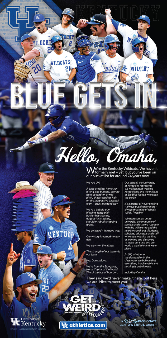 Kentucky Baseball's "Blue Gets In" Ad in the June 15 Omaha World-Herald