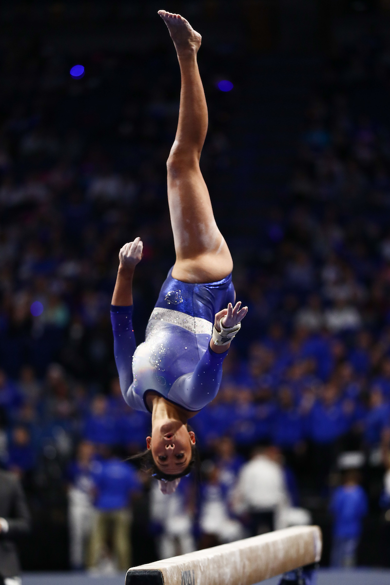 KATIE STUART.

The University of Kentucky gymnastics team beats Arkansas with a winning score of 195.275 on Excite Night. 


Photo by Elliott Hess | UK Athletics