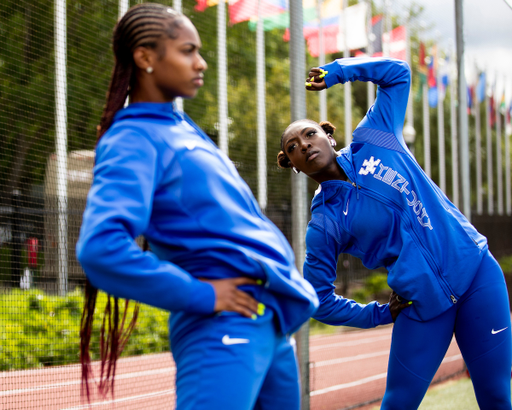 Masai Russell. Megan Moss.

Shake out.

NCAA Track and Field Outdoor Championships.

Photo by Chet White | UK Athletics