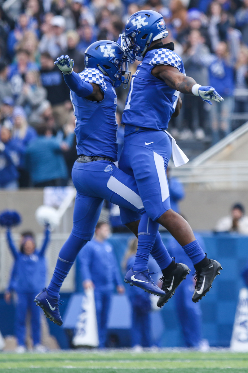 Celebration. 

UK Football beat MTSU 34-23 at Kroger Field on Saturday, November 17th,2018.

Photo by Eddie Justice | UK Athletics