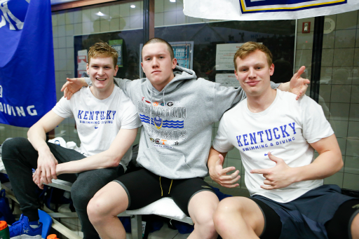 Kentucky swimmers pose together for a photo during the final day of the 2019 SEC Swimming and Diving Championships in the Gabrielsen Natatorium at the University of Georgia in Athens, Ga., on Saturday, Feb. 23, 2019. (Casey Sykes)